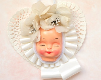 Vintage upcycled doll face hangers, Ribbon rosette award, Repurposed vintage, Valentines day decor