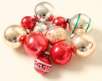 Vintage ornament lot, Christmas ornaments, Red and silver balls, Santa ornament, Baubles balls lot
