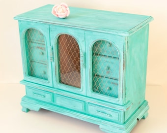 Vintage jewelry box, Teal blue, Aqua green, Large shabby chic, Wooden dresser, Distressed wood jewelry box, Upcycled jewelry box