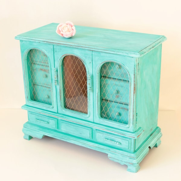 Vintage jewelry box, Teal blue, Aqua green, Large shabby chic, Wooden dresser, Distressed wood jewelry box, Upcycled jewelry box