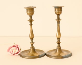 Vintage brass candlestick pair, Double candlesticks, Matching pair brass candleholders