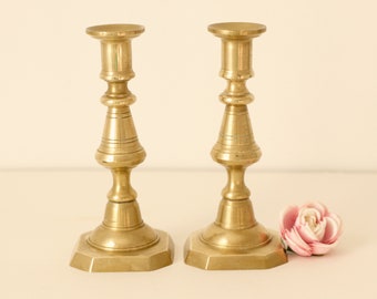 Vintage brass candlestick pair, Double candlesticks, Matching pair brass candleholders