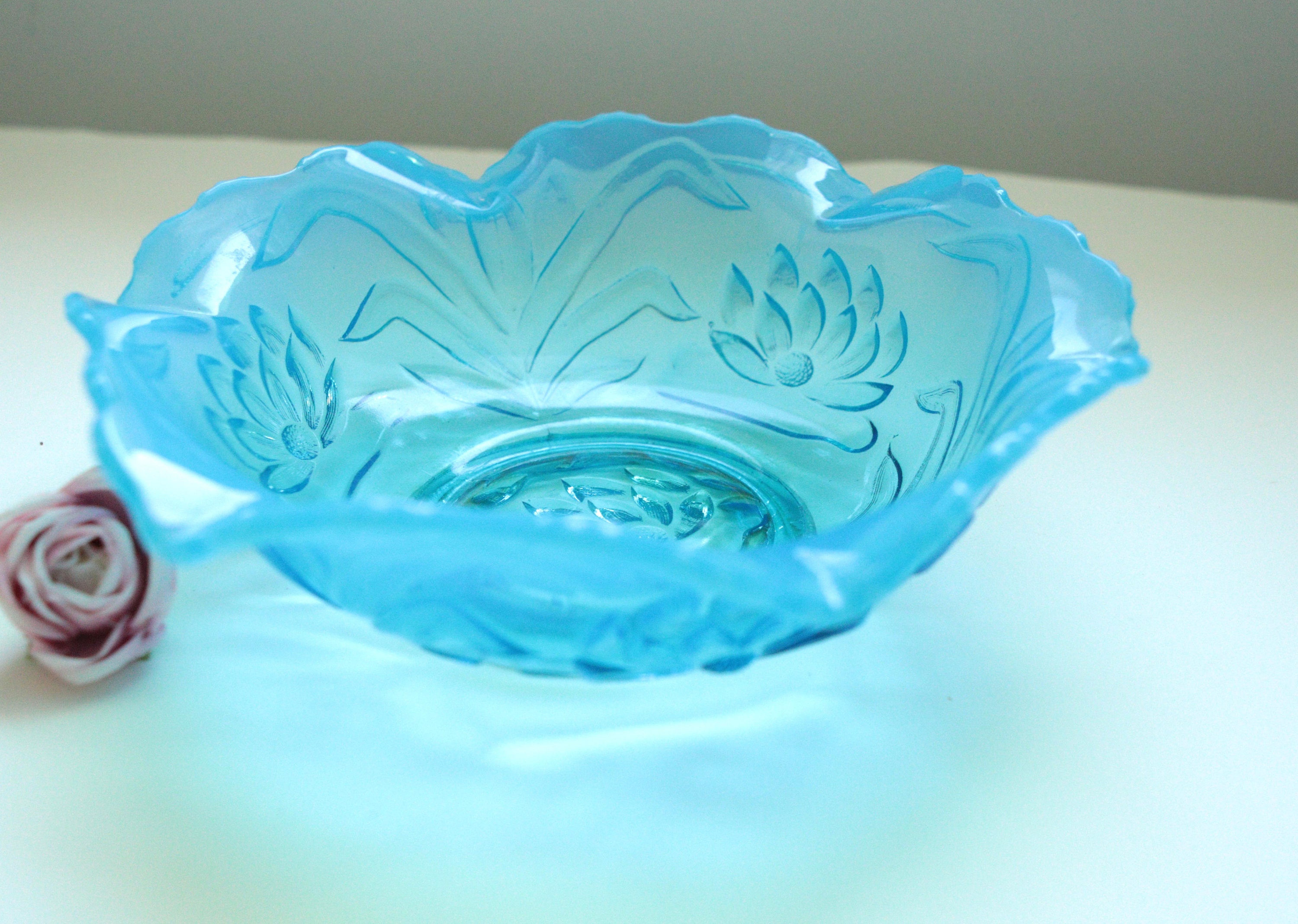 Vintage aqua blue glass bowl Pressed glass Floral pattern Etsy