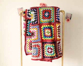 Vintage granny square afghan, Colorful vintage afghan, Granny Square, Long couch size