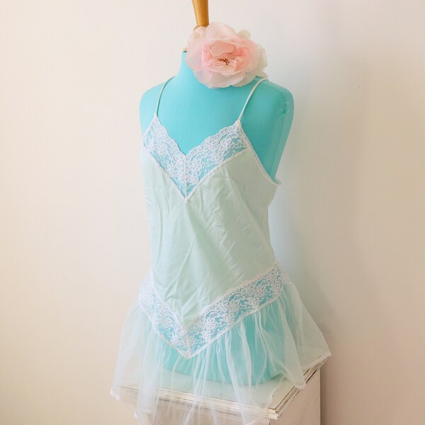 Vintage nylon nightgown, Lace mint green nylon lingerie, Nylon pink slip, Vintage lingerie dress, Boudoir dress