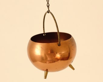 Vintage copper hanging planter, Plant hanger metal, Unique vintage boho decor, Copper cauldron