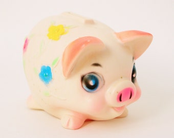 Vintage piggy bank, Shabby chic pig, Pink flower pig bank, Plastic pig, Shabby pig, Kitschy bank decor