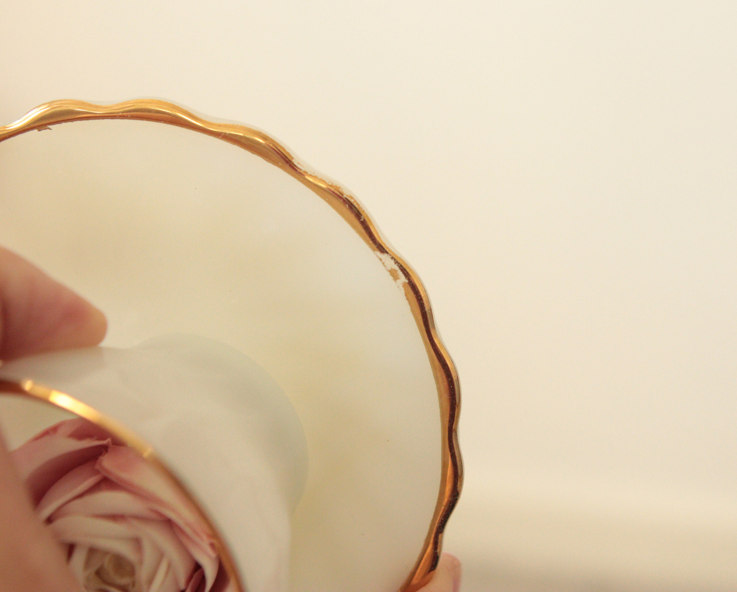 White milk glass Demi tea cup Vintage anchor hocking mini cup and saucer NOS glassware Original tag Gold rim