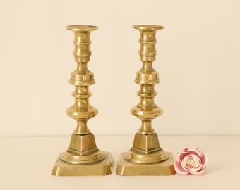 Vintage brass candlestick pair, Double candlesticks, Matching pair brass candleholders