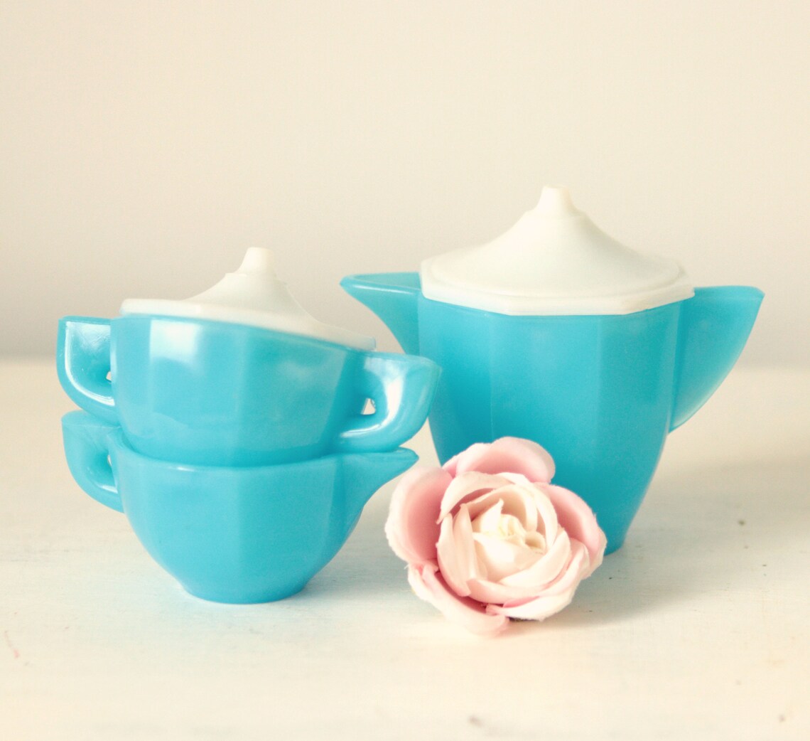 Vintage Turquoise Blue Glass Creamer Sugar and Teapot Tea Pot Etsy