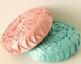 Vintage round satin pillow, Pink or aqua, MCM pleated circle pillow, accent pillows, Shabby chic