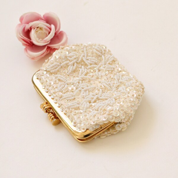 Vintage beaded clutch, Sparkly evening bag, Mini sequin change purse, Small ivory and gold purse