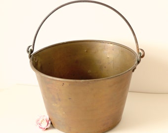Vintage brass bucket, Large brass pot, Plant gold metal, Unique vintage boho decor, Brass bucket
