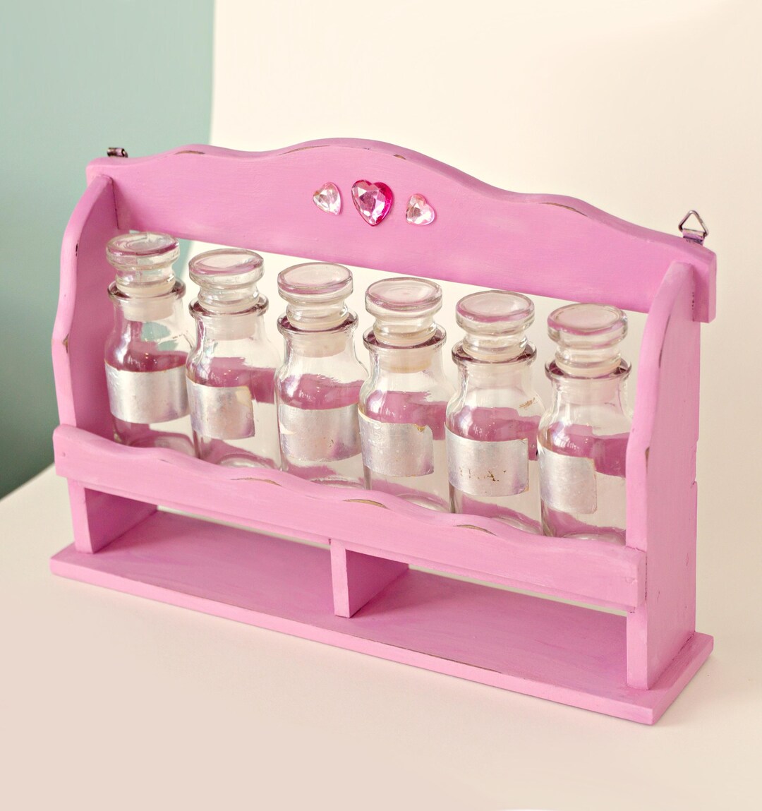 Upcycled Vintage Spice Rack: Painted Magenta Rack With Glass Bottles - Etsy