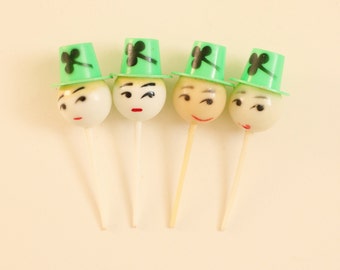 Vintage St. Patrick's Day cake toppers, Leprechaun plastic heads, Cupcake toppers