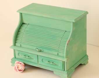 Vintage jewelry box, Emerald green, Large shabby chic, Wooden dresser, Distressed wood jewelry box, Upcycled jewelry box