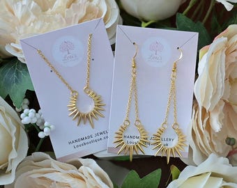 Handmade 18k Gold Plated Starburst Sun Earrings or Necklace | Chic Boho Set