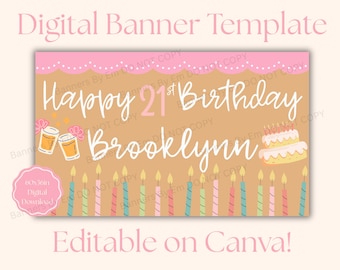 21st Birthday Banner Template | Editable Canva, 60x36in (Digital Download)