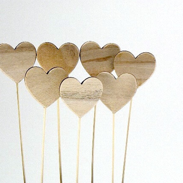 6pc Natural Wood Heart Pick Stems\Cake toppers| diy decor hearts| natural wood| hearts on stems| Hearts for cakes| birthday cake toppers