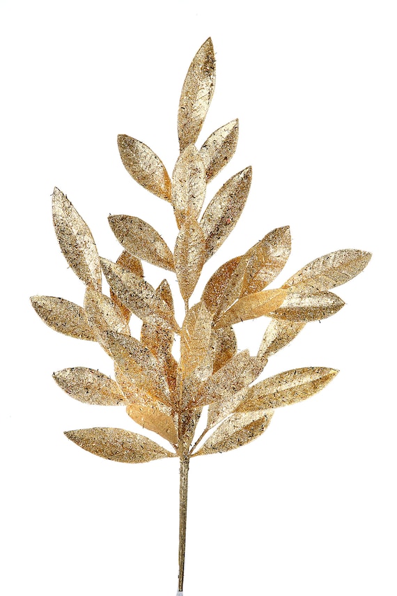 20 Glittery Gold Bay Leaf Spray Gold Leaf Spray Glittery Gold Leaves Leaf  on Stem Bay Leaves Floral Diy Decor Artificial Flower 