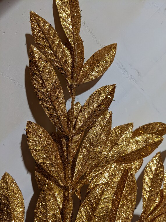 20 Glittery Gold Bay Leaf Spray Gold Leaf Spray Glittery Gold Leaves Leaf  on Stem Bay Leaves Floral Diy Decor Artificial Flower 