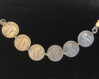 Standing Liberty Quarter Silver Bracelet. 6 original silver us coins 1926-1930, sterling fittings and clasp