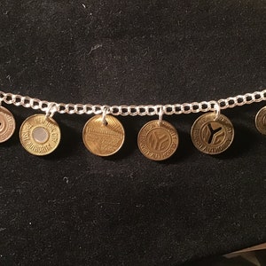 NYC Subway Token Charm Bracelet, Solid sterling silver bracelet with all 6 NYC Subway tokens 1953 to 2003