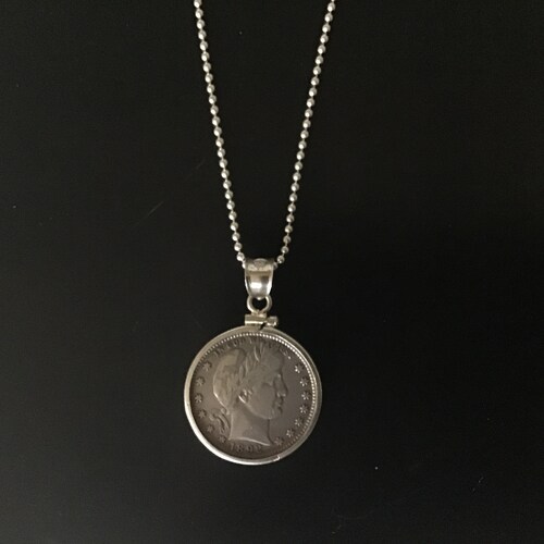 US Silver Coin Pendant, 1892 Barber Quarter, extra fine, sharp detail, shops mounted in sterling silver bezel on sterling silver chain...classic