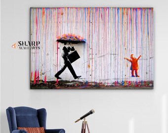 BANKSY WALL ART Canvas Print Rainbow Rain, Banksy Coloured Rain