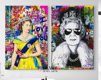 QUEEN ELIZABETH PRINT Set of 2 Queen Elizabeth Art Pop Art Canvas Graffiti Wall Art Pop Art Wall Art Banksy Wall Art Queen Elizabeth Artwork