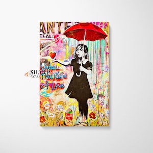 BANKSY WALL ART Banksy Canvas Banksy Girl Under The Rain Banksy Rainbow Rain Modern Pop Art Print Graffiti Wall Art Large Pop Art Canvas