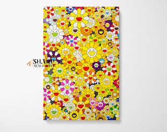 May include: A colorful print featuring a repeating pattern of smiling yellow flowers with different colored centers and petals. The background is a dark gray.