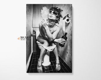 Girl Sitting On Toilet Smoking and Drinking Canvas, Girl Smoking on Toilet, Bathroom Wall Art, Toilet Wall Art, Black and White Wall Art