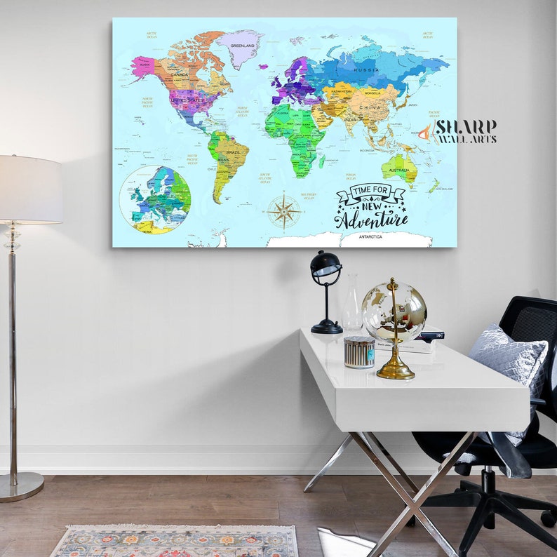 World Map Wall Art Watercolor World Map Canvas Art Large Etsy