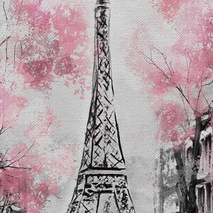 Puede incluir: Una ilustraci&oacute;n en blanco y negro de la Torre Eiffel con un fondo de acuarela rosa. La ilustraci&oacute;n es estilizada y tiene un aspecto pict&oacute;rico.