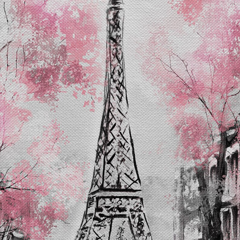 Puede incluir: Una ilustraci&oacute;n en blanco y negro de la Torre Eiffel con un fondo de acuarela rosa. La ilustraci&oacute;n es estilizada y tiene un aspecto pict&oacute;rico.