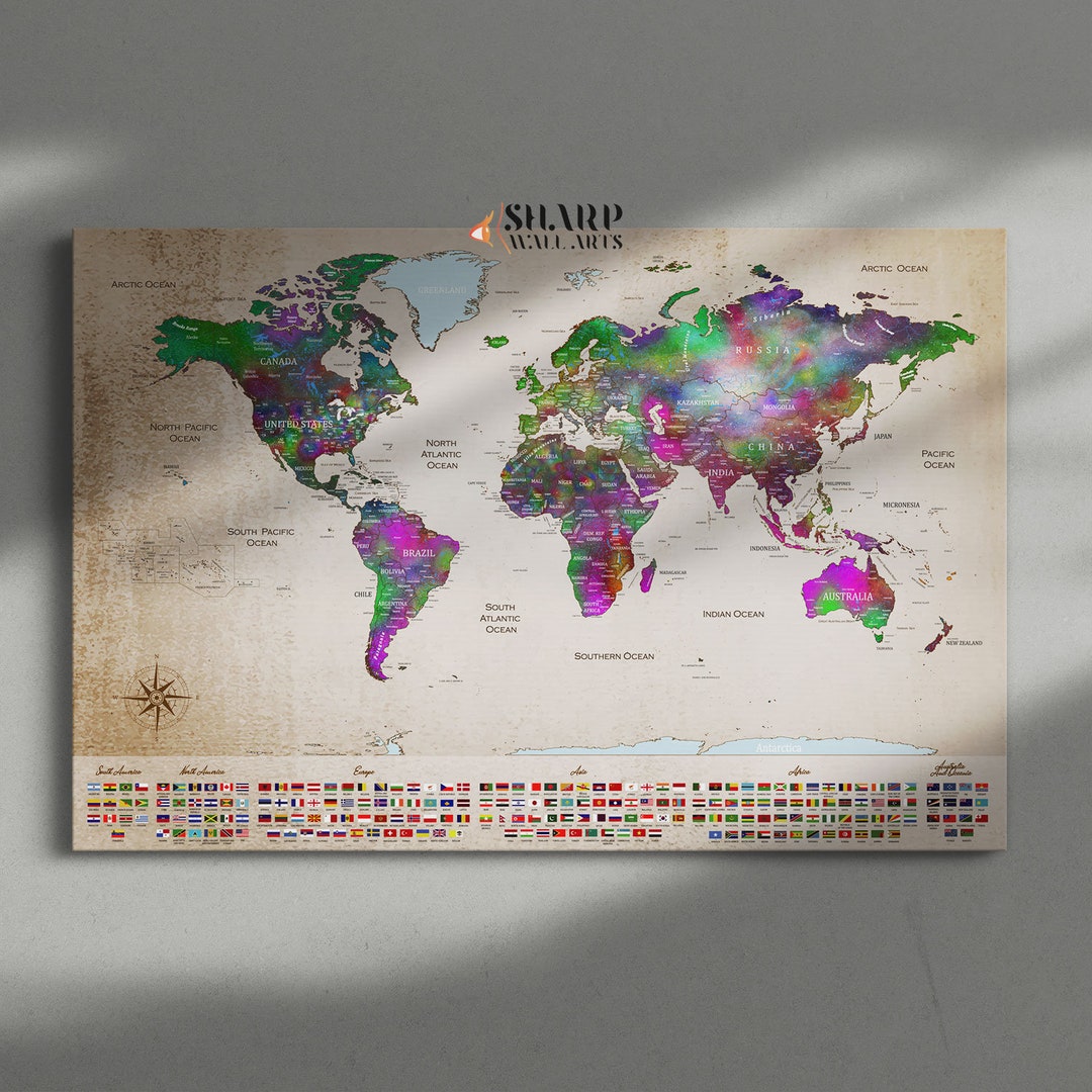 World Map Wall Art Canvas, Couple Travel Map, Vintage World Map, Gift