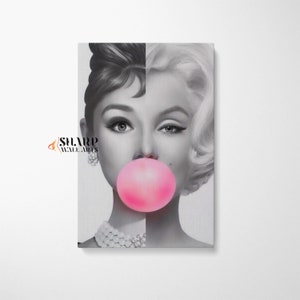 MARILYN MONROE And AUDREY Hepburn Bubble Gum Art Fashion Wall Art, Glam Wall Art, Hollywood Art Modern Pop Art Canvas Graffiti Art Canvas