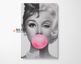 MARILYN MONROE And AUDREY Hepburn Bubble Gum Art Fashion Wall Art, Glam Wall Art, Hollywood Art Modern Pop Art Canvas Graffiti Art Canvas