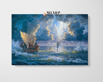 May include: A painting depicting a scene from the Bible, showing Jesus walking on water towards a boat with people in it. The sky is filled with dramatic clouds and a bright light shines down from above.
