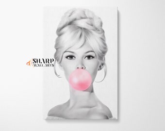 BRIGITTE BARDOT CANVAS Wall Art Print, Brigitte Bardot Bubble Gum Art, Fashion Wall Art Actress Artwork, Retro Art Print, Celebrity Wall Art