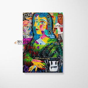 Mona Lisa Caricature CANVAS Wall ART PRINT, Banksy Style Artwork, Famous Women Art, Trendy Modern Colorful Graffiti Street Pop Art