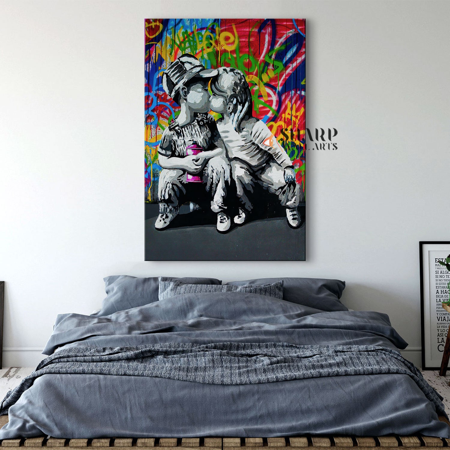 XIANGPEIFBH Banksy Graffiti Street Art Immagini L'amore è tutto ciò di cui abbiamo bisogno Dipinti su tela sul muro Segui il tuo sogno Decorazione domestica 80x120 cm (32x47 pollici) Senza cornice