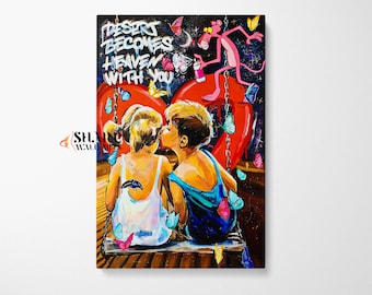 BANKSY WALL ART Banksy Bambini Bacio Amore Opera d'arte Graffiti Arte murale Street Art Tela Grande Pop Art Romantico Relazione a lunga distanza Regalo