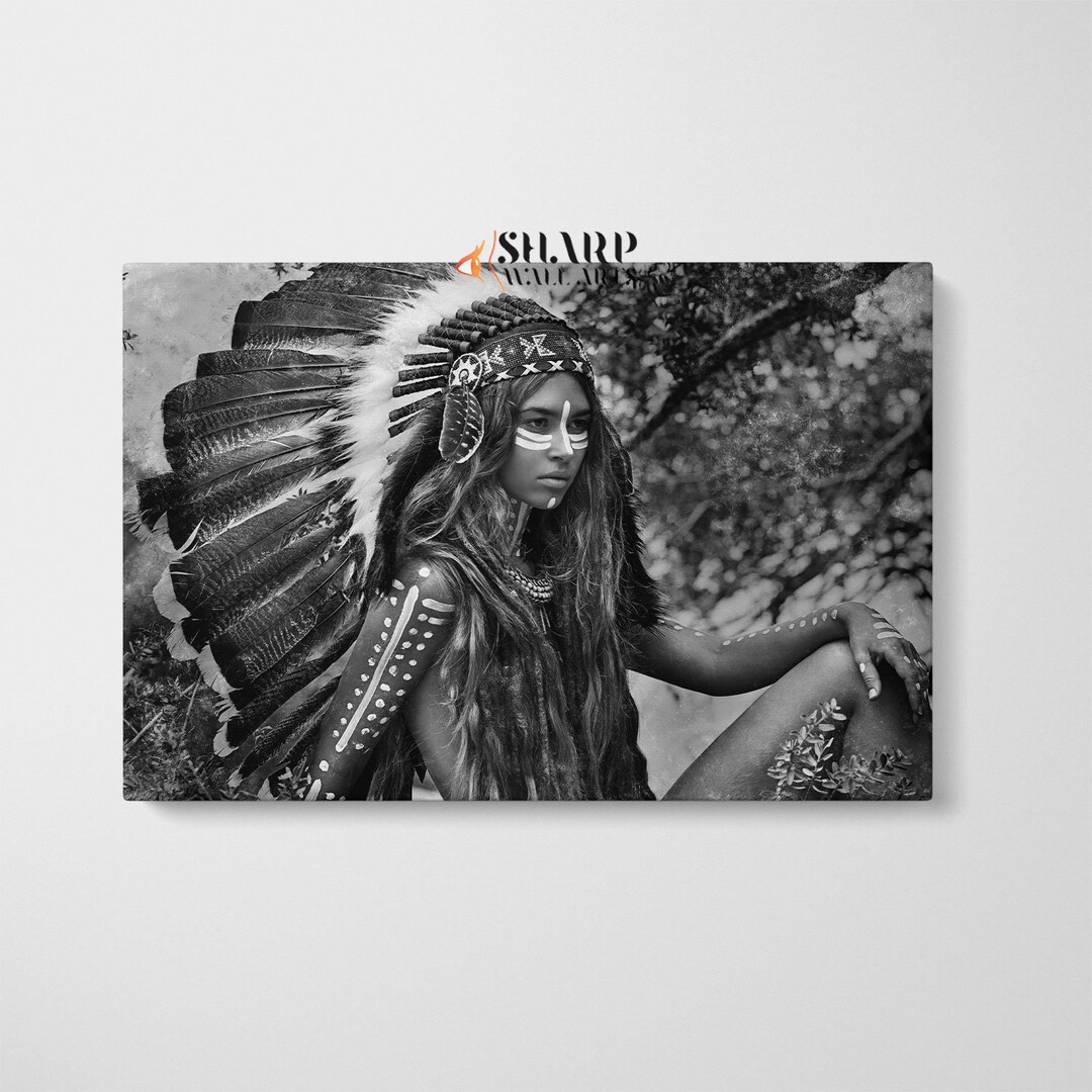 Native American Woman Portrait Wall ART CANVAS PRINT, Feather Headdress ...