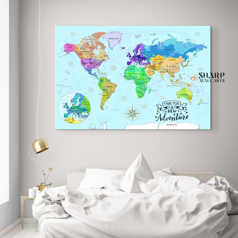 World Map Wall Art Watercolor World Map Canvas Art Large Etsy