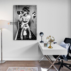 WOMAN ON TOILET Wall Art Canvas Girl On Toilet Print Funny Bathroom Wall Art Woman Smoking Canvas Modern Wall Art Woman Drinking On Toilet image 5