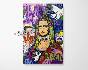 BANKSY MONA LISA Pop Art Mona Lisa Print Framed Mona Lisa Wall Art Pop Art Large Famous Painting Leonardo Da Vinci Art Graffiti Wall Art