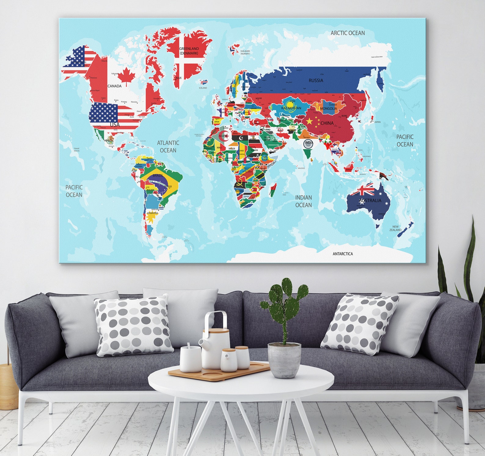 World Map Large Canvas With Countries Flags World Maps Canvas Etsy