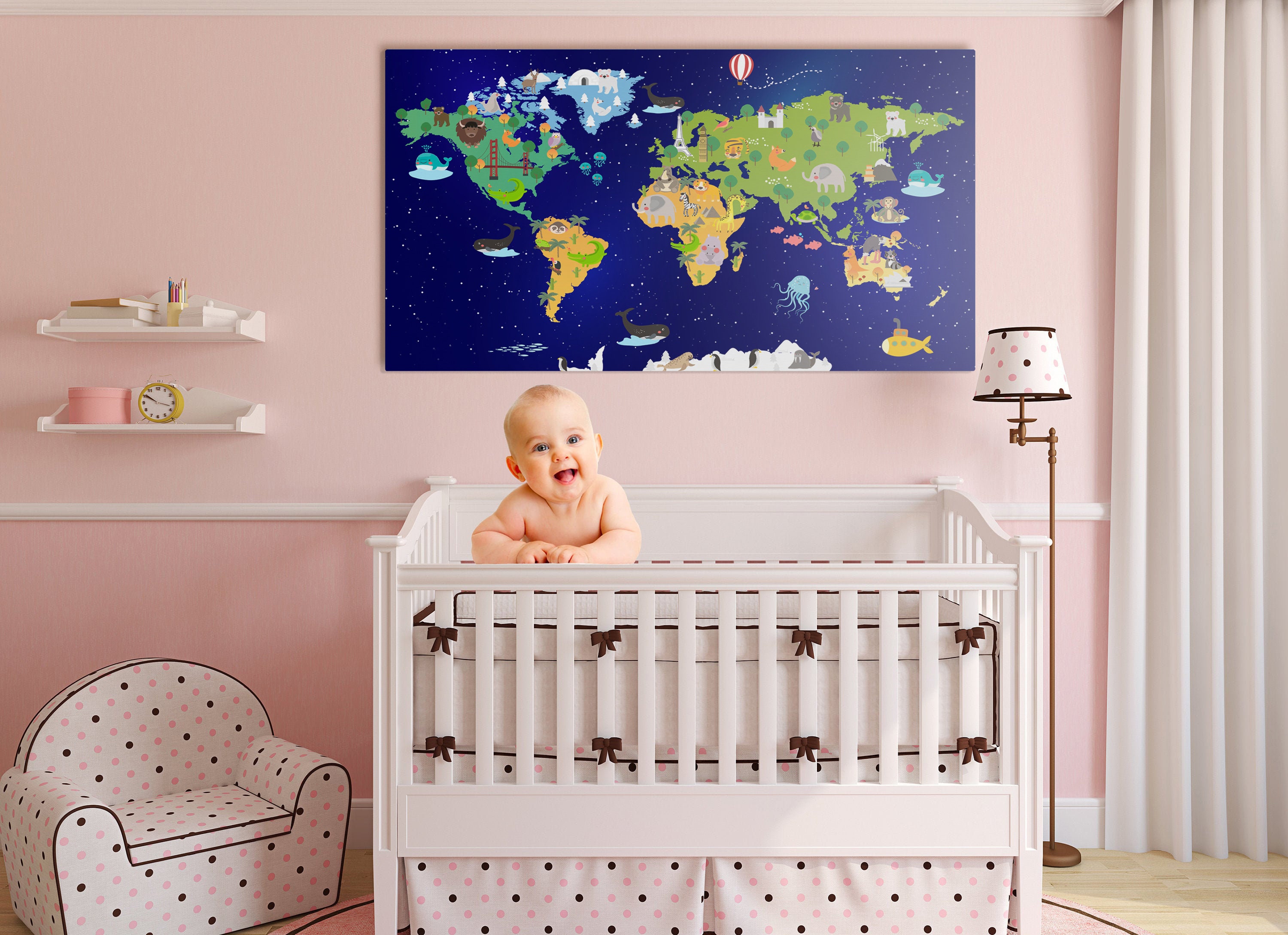 Animal World Map Nursery Kids World Map Wall Art Nursery Etsy